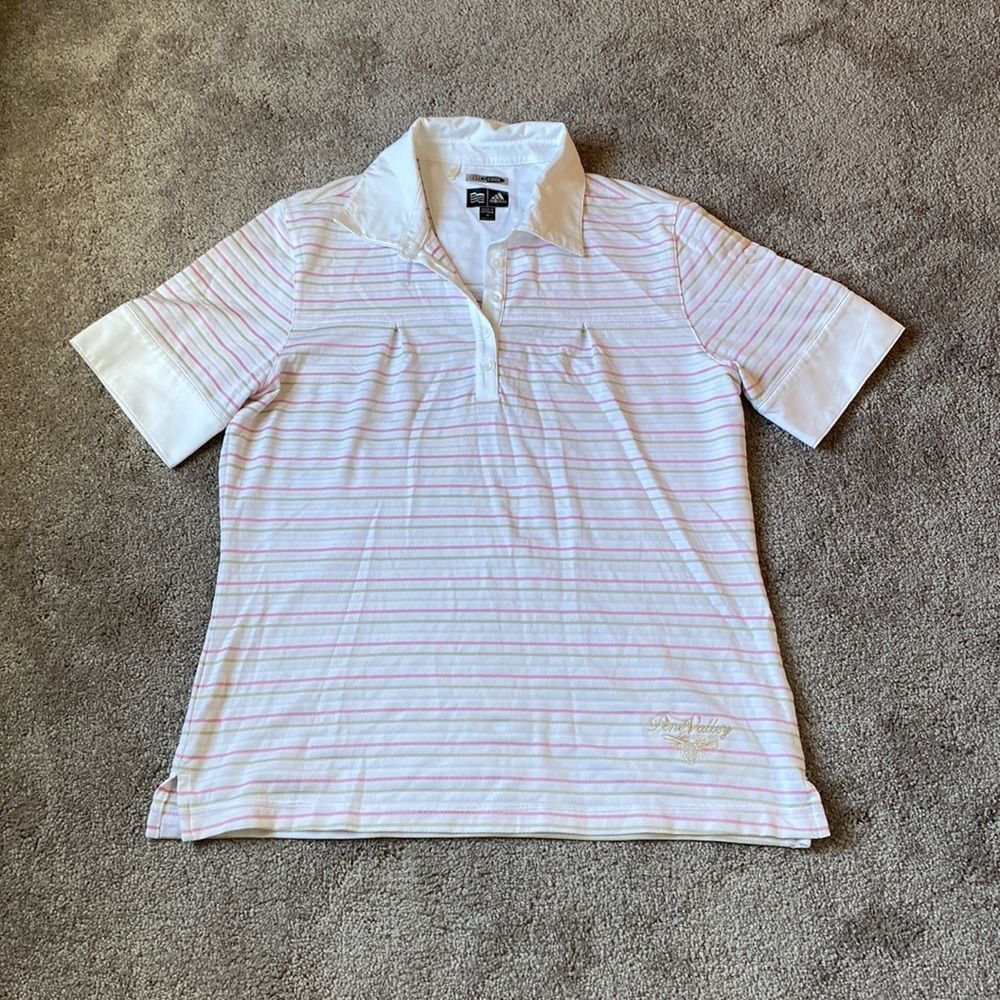 Adidas Pink White Striped Climacool Polo Shirt Size M Pine Valley Golf Polo